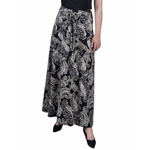 NY Collection Petite Printed Maxi Skirt Sash Waist Tie Onyx Paisley Size PL
